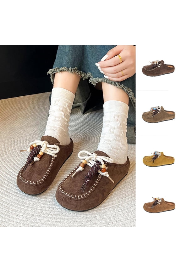 Womens Moccasin Mules Ethnic Beaded Tie Closed Toe Backless Comfortable Flat Shoes for Daily Walking