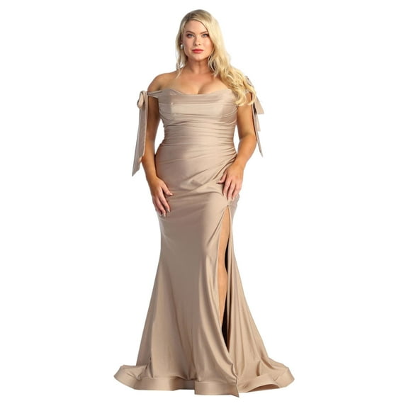 Womens Mocha Bridesmaid Prom Stretchy Long Cowl Neck Off The Shoulder Trumpet Plus Size Dress