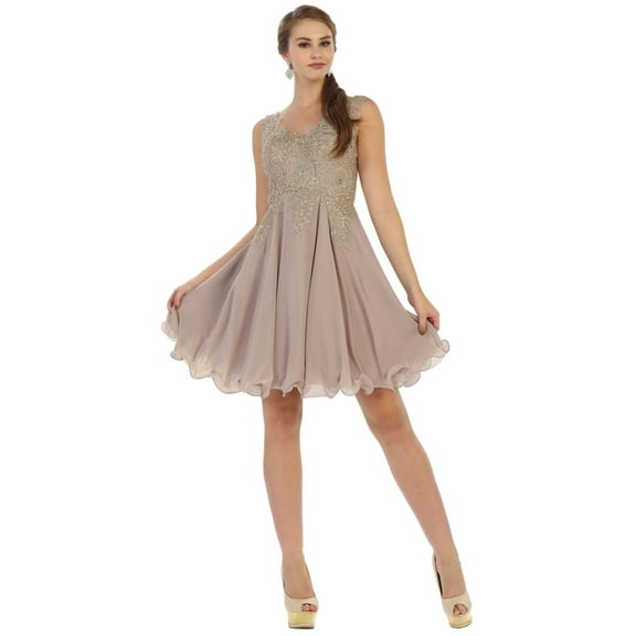 Womens Mocha Cocktail Semi Formal Graduation Short V-Neck Sleeveless A-Line Plus Size Dress