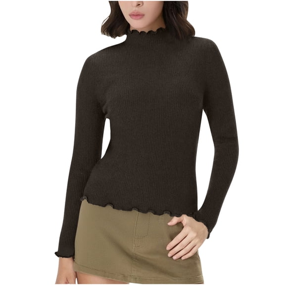 Womens Mock High Neck Sweaters with Plush Fleece Lined Rib-Knit Casual Warm Winter Base Thermal Pullover Tops (Free Size, Brown)