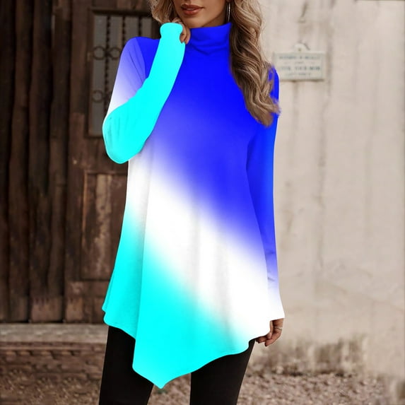 Womens Mock High Neck Tunic Top, Asymmetrical Irregular Long Sleeve Plain T-shirt, Long Tops to wear with Leggings (Small, White 01)