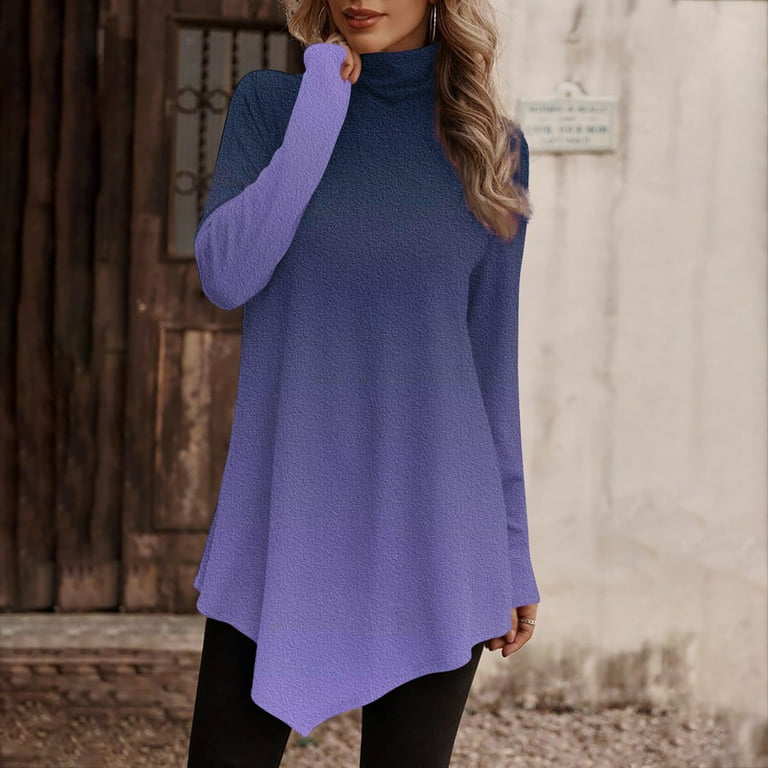 Womens Mock High Neck Tunic Top, Asymmetrical Irregular Long