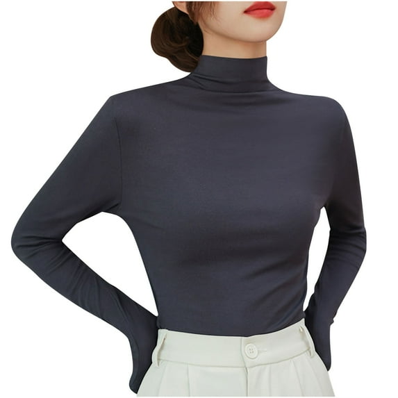 Womens Mock Neck Basic Tops, Long Sleeve Shirts for Women Fall Casual Slimming Fit Solid Color Cropped T-Shirts