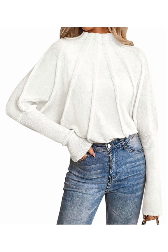 Womens Mock Neck Batwing Sleeve Sweaters Fall Winter Oversized Knit Cute Pullover Sweater Dolman Tops Cream White M
