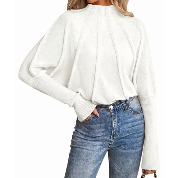 Female Mock Neck Batwing Sleeve Sweaters Fall Winter Oversized Knit Cute Pullover Sweater Dolman Tops Cream White S