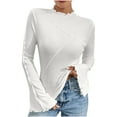 thumbnail image 1 of Womens Mock Neck Bell Long Sleeve T Shirt Lettuce Trim Fitted Shirt, 1 of 4