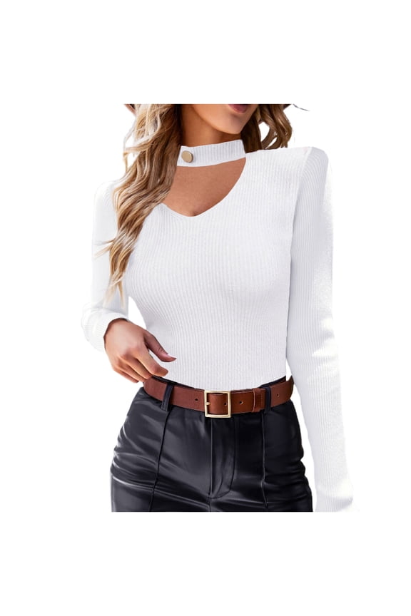 Womens Mock Neck Knit Sweater Cutout Long Sleeve Casual Sweaters Undershirts Slim-Fit Ribbed Pullover Tops, White XL