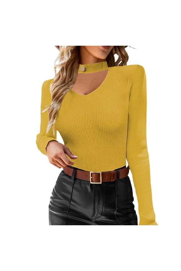 Womens Mock Neck Knit Sweater Cutout Long Sleeve Casual Sweaters Undershirts Slim-Fit Ribbed Pullover Tops, Yellow M