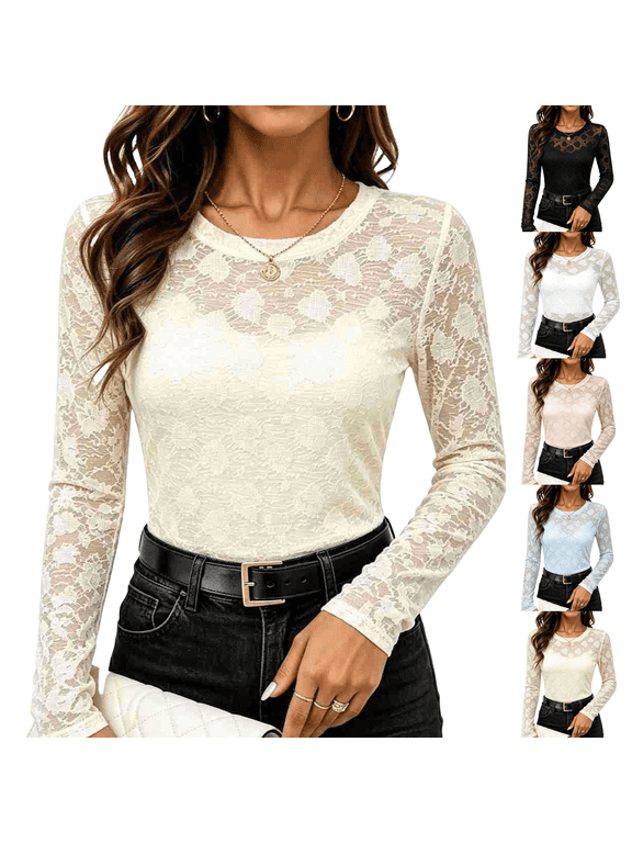 Womens Mock Neck Mesh Long Sleeve Blouse Double Lined Slim Fit Top Sheer Lace Sleeves Layering under Shirts Fall Clothes Going out Tops Turtleneck Beige XL