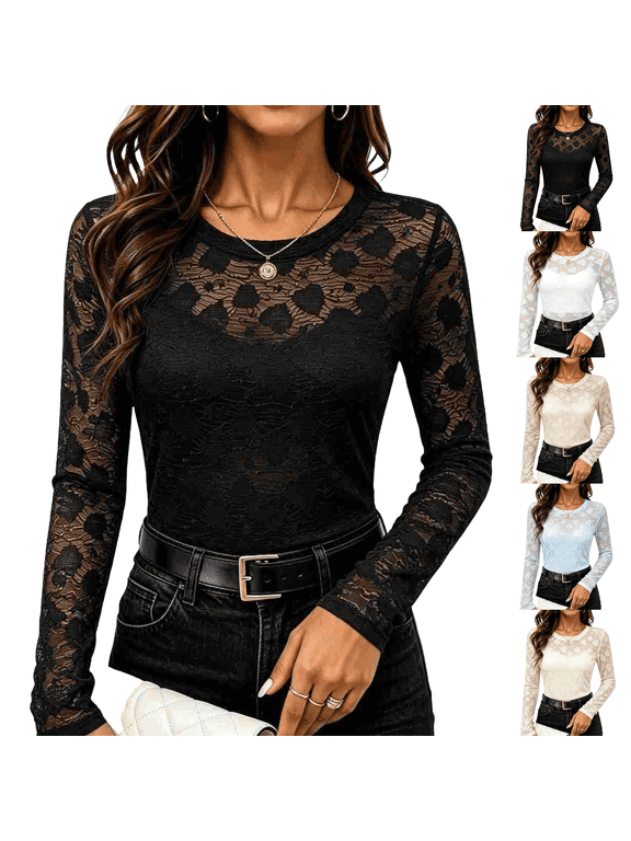 Womens Mock Neck Mesh Long Sleeve Blouse Double Lined Slim Fit Top Sheer Lace Sleeves Layering under Shirts Fall Clothes Going out Tops Turtleneck Black S