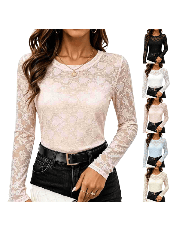 Womens Mock Neck Mesh Long Sleeve Blouse Double Lined Slim Fit Top Sheer Lace Sleeves Layering under Shirts Fall Clothes Going out Tops Turtleneck Pink 2XL