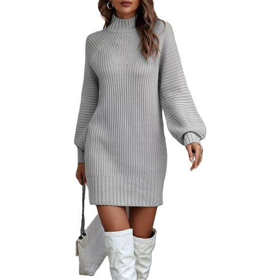 Womens Mock Neck Ribbed Knit Mini Sweater Dress Casual Lantern Sleeve Bodycon Knitted Pullover Short Dress S-5XL