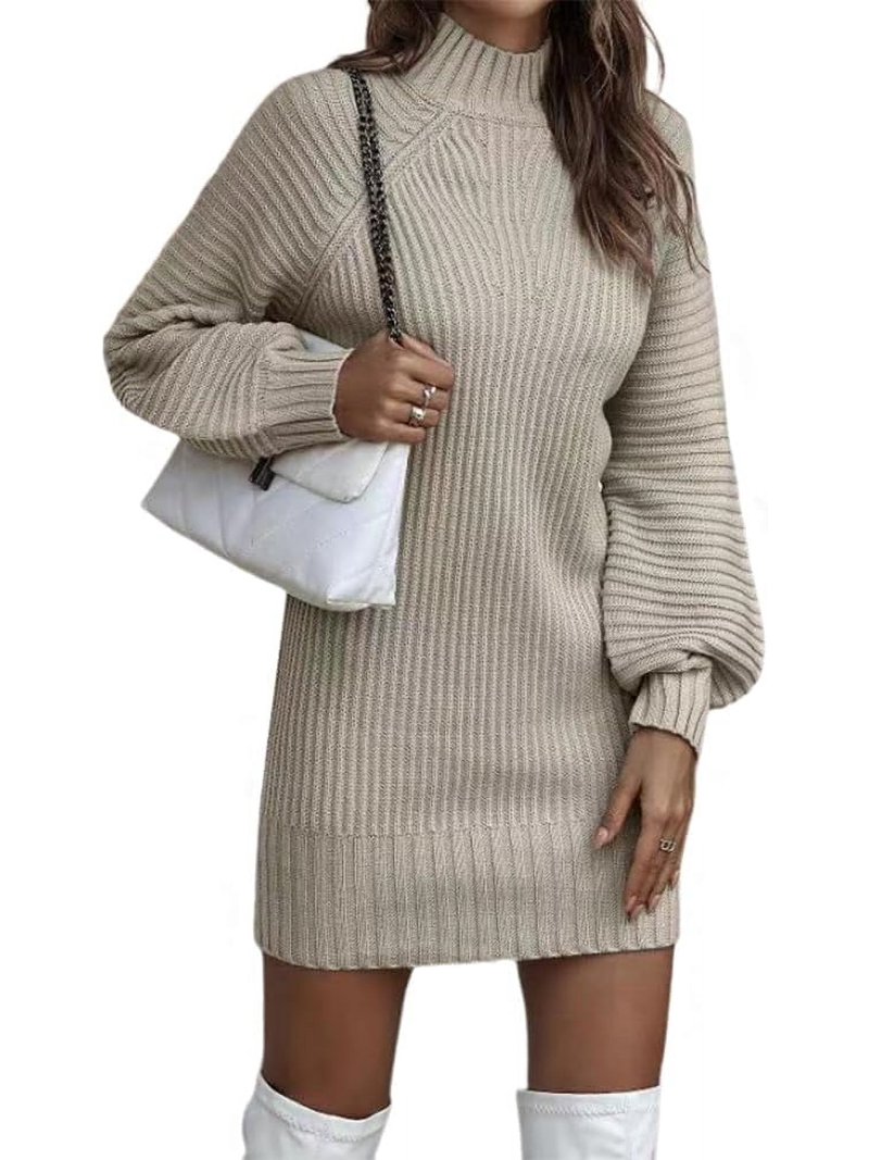 Womens Mock Neck Ribbed Knit Mini Sweater Dress Casual Lantern Sleeve Bodycon Knitted Pullover Short Dress S-5XL Womens Mock Neck Ribbed Knit Mini Sweater Dress Casual Lantern Sleeve Bodycon Knitted Pullover Short Dress S-5XL