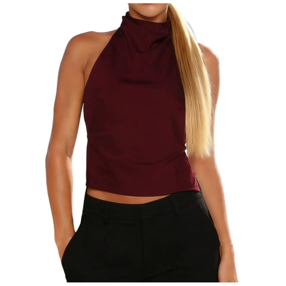 Womens Mock Neck Satin Tank Tops Backless Silk Halter Top Sleeveless Trendy Y2K Going Out Cropped Tops