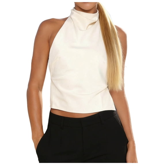 Womens Mock Neck Satin Tank Tops Backless Silk Halter Top Sleeveless Trendy Y2K Going Out Cropped Tops