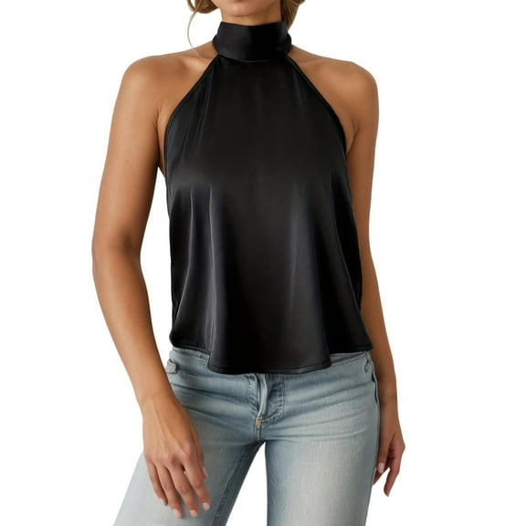 Womens Neck Satin Tank Tops Backless Sleeveless Crop Tank Top Black S