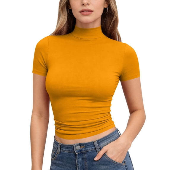 Womens Mock Neck Shirts 2026 Short Sleeve Tshirts Slim Fitted Dressy Casual Summer Basic Tees Earthy Yellow S