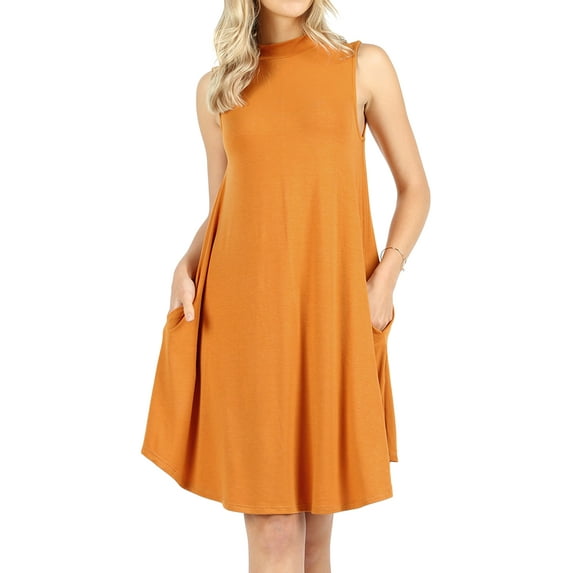 Womens Mock Neck Sleeveless Flowy Tunic Midi Dress with Pockets
