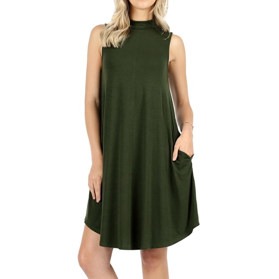 Womens Mock Neck Sleeveless Flowy Tunic Midi Dress with Pockets