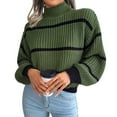 thumbnail image 1 of Womens Mock Neck Striped Chunky Knitted Sweater Winter Long Sleeve Pullover Sweaters Tops Army Green S, 1 of 9