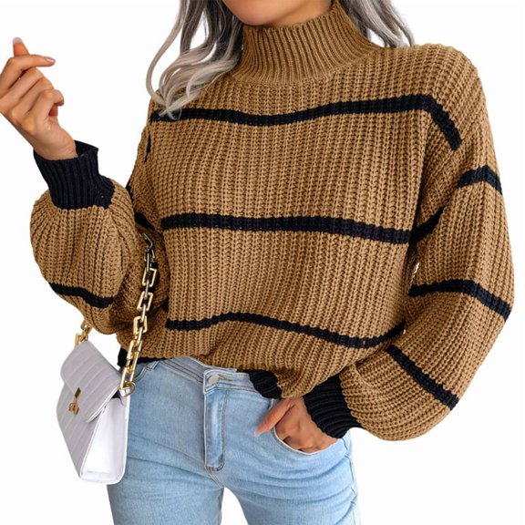 Womens Mock Neck Striped Chunky Knitted Sweater Winter Long Sleeve Pullover Sweaters Tops Khaki M