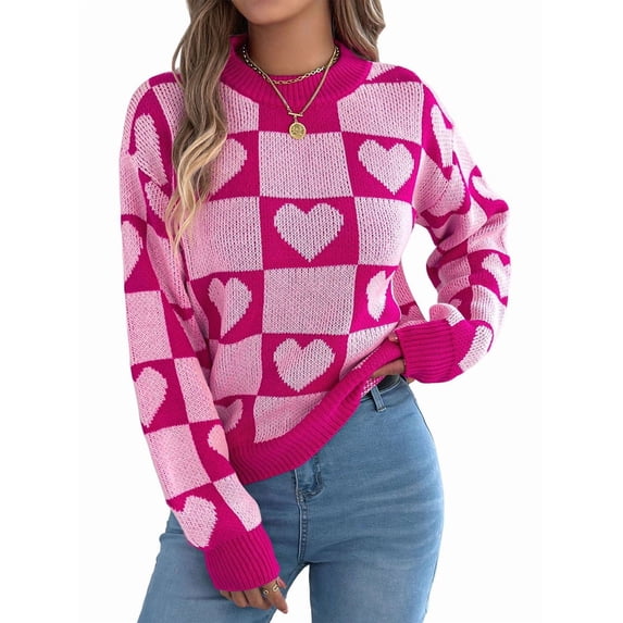 Womens Mock Neck Sweater Long Sleeve Block Cute Heart Knit Fall Winter Tops Ribbed Knit Pullover Sweaters Pink L
