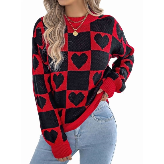 Womens Mock Neck Sweater Long Sleeve Block Cute Heart Knit Fall Winter Tops Ribbed Knit Pullover Sweaters