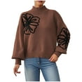 thumbnail image 1 of Womens Mock Neck Sweater Pullover Floral Embroidered Lantern Long Sleeve Knit Oversized Sweatshirt Casual Tops (L, Coffee), 1 of 7
