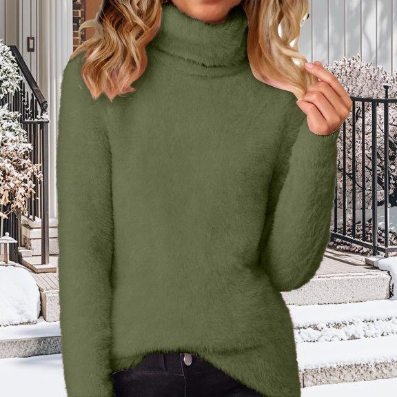 Womens Mock Neck Sweaters Dressy Long Sleeve Shirt Solid Color Warm Fuzzy Pullover Sweaters