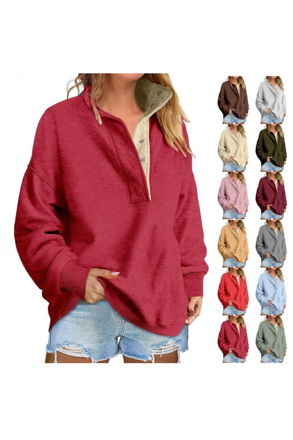 Womens Mock Neck Sweatshirt Fall Henley Neck Quarter Snap Long Sleeve Fleece Pullover Loose Fit Womens Sweatshirts No Hood Casual Teen Girls Fashion Clothes Red M