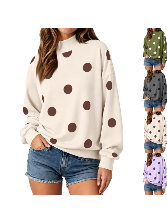 Womens Mock Neck Sweatshirt Polka Dot Print Oversized Long Sleeve Pullover Fall Winter Casual Loose Rib Cuffs Comfy Tunic Top Daily Wear,S,Khaki