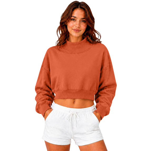 Womens Mock Neck Sweatshirts Long Sleeve Loose Fit Cropped Shirts Casual Soft Trendy Shirts Basic Tees Cute Y2K Fashion Pullover Top Tunics 2026 Fall Outfits womens tops Orange XL