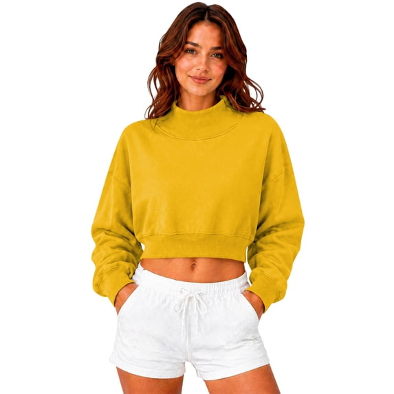 Womens Mock Neck Sweatshirts Long Sleeve Loose Fit Cropped Shirts Casual Soft Trendy Shirts Basic Tees Cute Y2K Fashion Pullover Top Tunics 2026 Fall Outfits women's clothing Yellow XXL