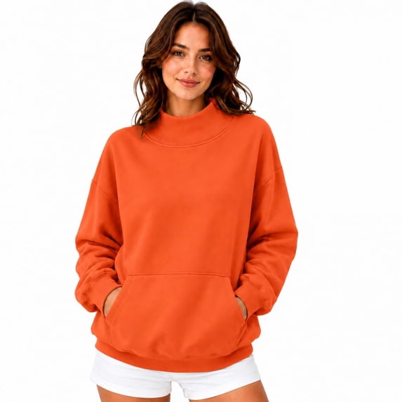 Womens Mock Neck Sweatshirts Oversized Pullover Fall Outfits Fall Fashion Clothes 2026,Long Sleeve,Comfort Soft Fleece,Casual Travel Work Hiking Outfit Orange XL