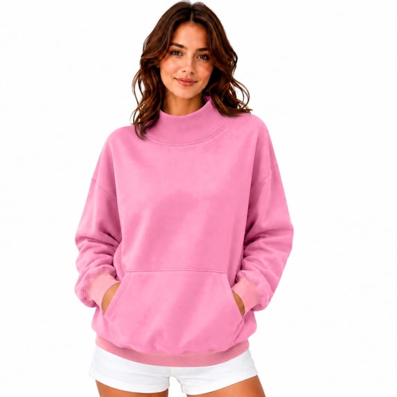 Womens Mock Neck Sweatshirts Oversized Pullover Fall Outfits Fall Fashion Clothes 2026,Long Sleeve,Comfort Soft Fleece,Casual Travel Work Hiking Outfit Pink XL
