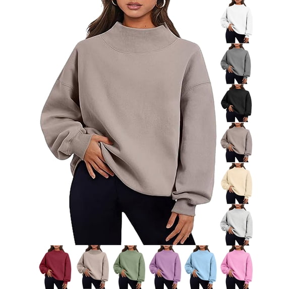 Womens Mock Neck Sweatshirts Oversized Pullover Fall Outfits | Fall Fashion Clothes 2026,Teacher Outfits,Long Sleeve Tops,Comfort Soft Fleece,Casual Lounge Travel Work Hiking Outfit Khaki L