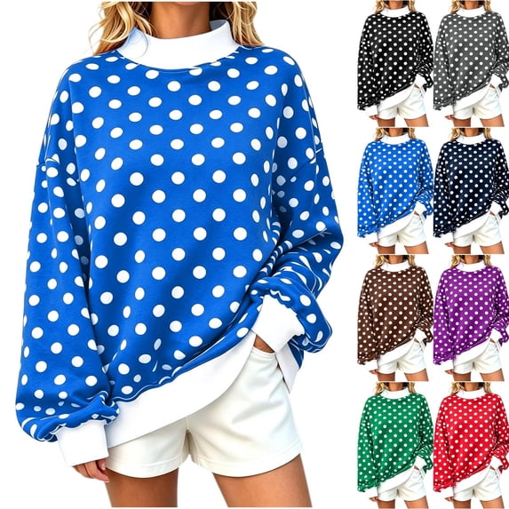 Womens Mock Neck Sweatshirts Oversized Pullover Polka Dot Fall Turtleneck,Fall Fashion Tops Long Sleeve Tops Casual Lounge Travel Work Hiking Tees Blue XL