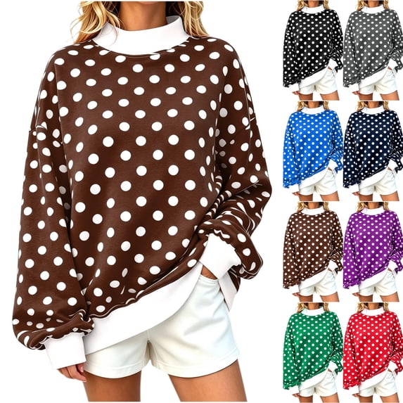 Womens Mock Neck Sweatshirts Oversized Pullover Polka Dot Fall Turtleneck,Fall Fashion Tops Long Sleeve Tops Casual Lounge Travel Work Hiking Tees Brown L