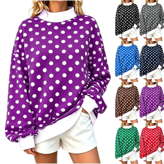 Womens Mock Neck Sweatshirts Oversized Pullover Polka Dot Fall Turtleneck,Fall Fashion Tops Long Sleeve Tops Casual Lounge Travel Work Hiking Tees Purple XL