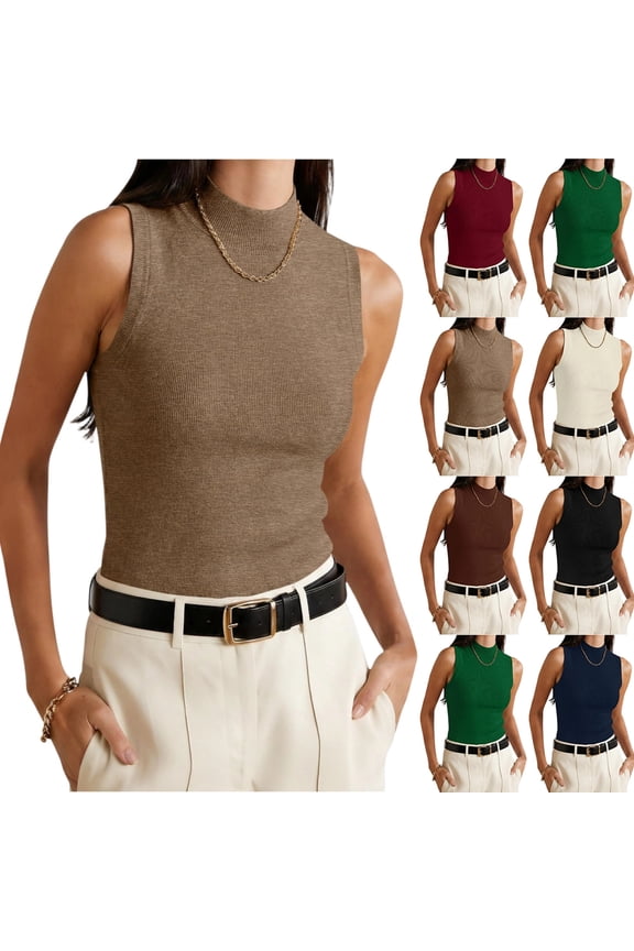 Womens Mock Neck Tank Tops Summer Ribbed Knit Slim Fit Sleeveless Cami Top Soft Casual Daily Wear Basic Layer Shirts,M,#01 Camel