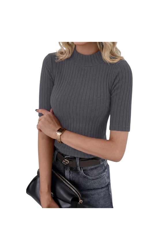 Womens Mock Neck Tops Short Sleeve Turtleneck Slim Fit Basic Shirt for Business Casual Work Dressy Wear Gray L
