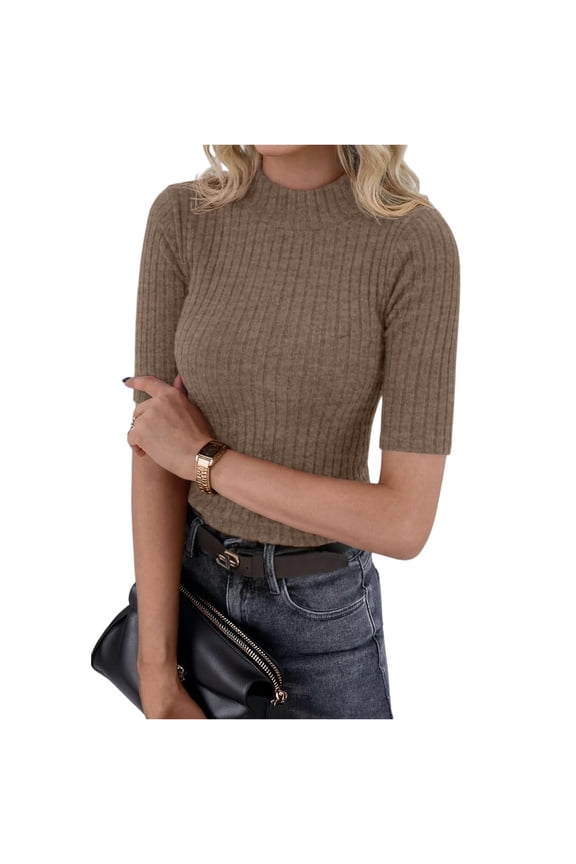 Womens Mock Neck Tops Short Sleeve Turtleneck Slim Fit Basic Shirt for Business Casual Work Dressy Wear Light Brown M