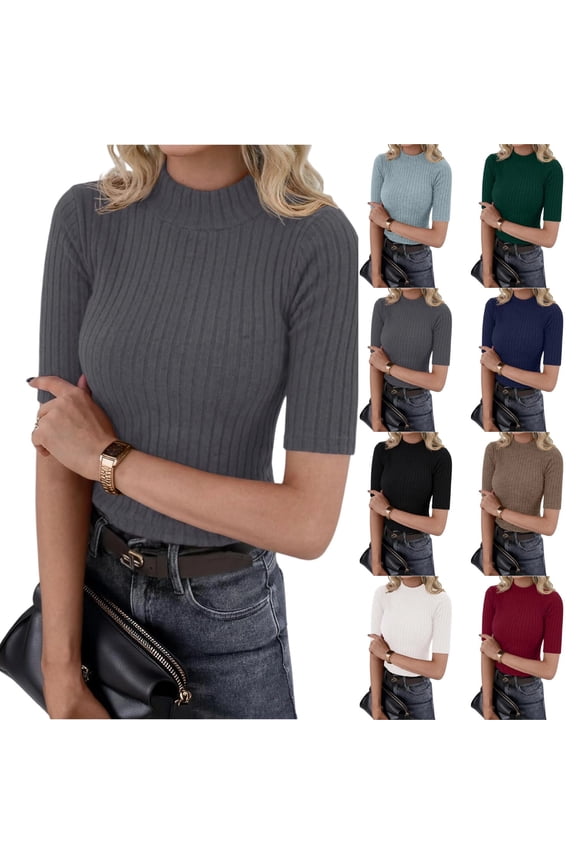 Womens Mock Neck Tops Short Sleeve Turtleneck Slim Fit Basic Shirt for Business Casual Work Dressy Wear S-2XL Gray M