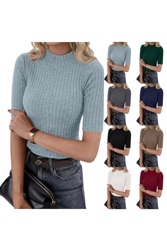Womens Mock Neck Tops Short Sleeve Turtleneck Slim Fit Basic Shirt for Business Casual Work Dressy Wear S-2XL Light Blue M
