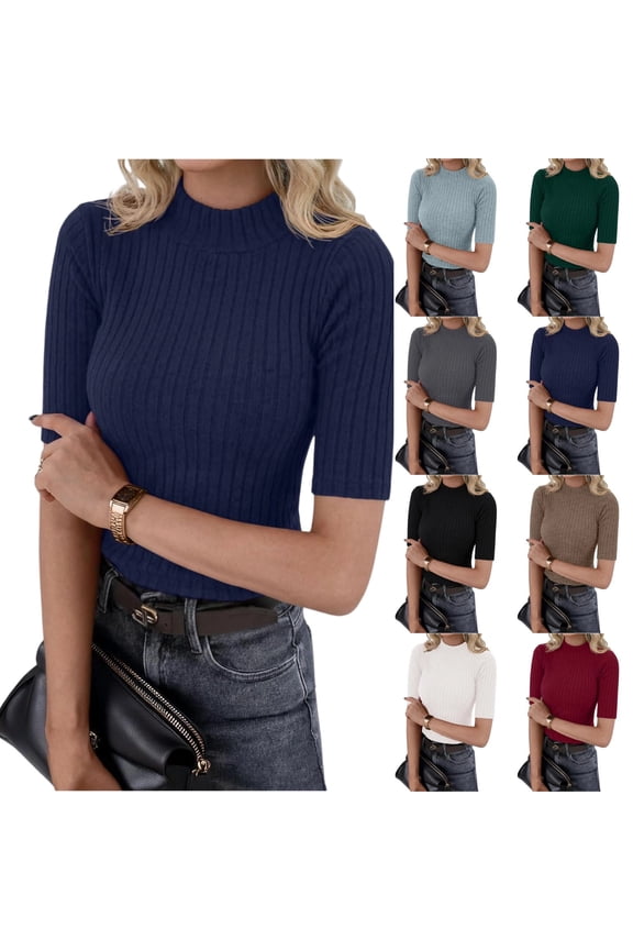 Womens Mock Neck Tops Short Sleeve Turtleneck Slim Fit Basic Shirt for Business Casual Work Dressy Wear S-2XL Navy M