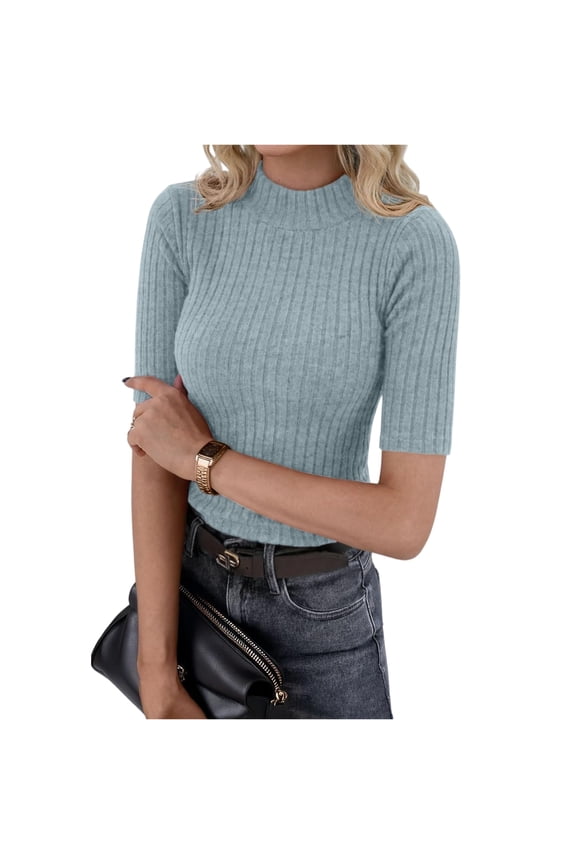 Womens Mock Neck Tops Short Sleeve Turtleneck Slim Fit Solid Color Basic Shirt for Business Casual Work Dressy Wear Light Blue 2XL
