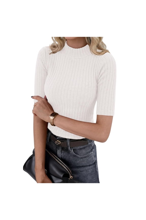 Womens Mock Neck Tops Short Sleeve Turtleneck Solid Color Slim Fit Basic Shirt for Business Casual Work Dressy Wear White M