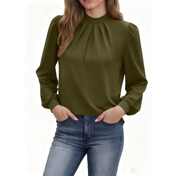 Womens Mock Neck Tops with Front Pleats Long Sleeve Dressy Casual Blouses Loose Fit Business Office Work Shirt (L, Army Green)