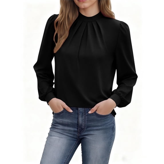 Womens Mock Neck Tops with Front Pleats Long Sleeve Dressy Casual Blouses Loose Fit Business Office Work Shirt (M, Black)