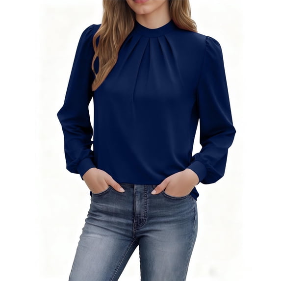 Womens Mock Neck Tops with Front Pleats Long Sleeve Dressy Casual Blouses Loose Fit Business Office Work Shirt (XL, Navy)